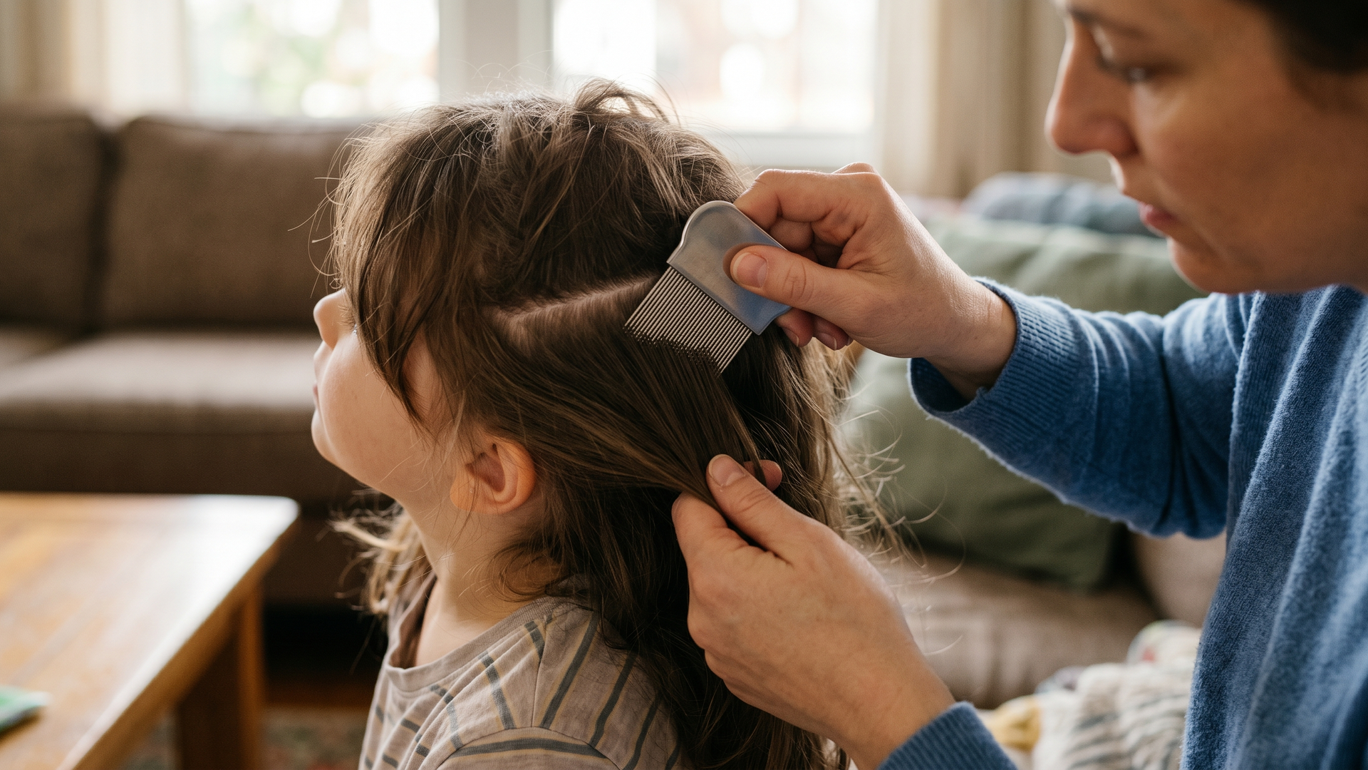 Parent gently parting a child's hair with a fine-tooth nit comb to inspect the scalp under natural daylight