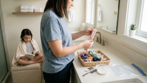 Parent at a bright bathroom counter sorting a basket of hair ties, headbands, scrunchies, and bows after a child's lice diagnosis, with a fine-tooth metal nit comb and a clean freezer bag ready on the counter