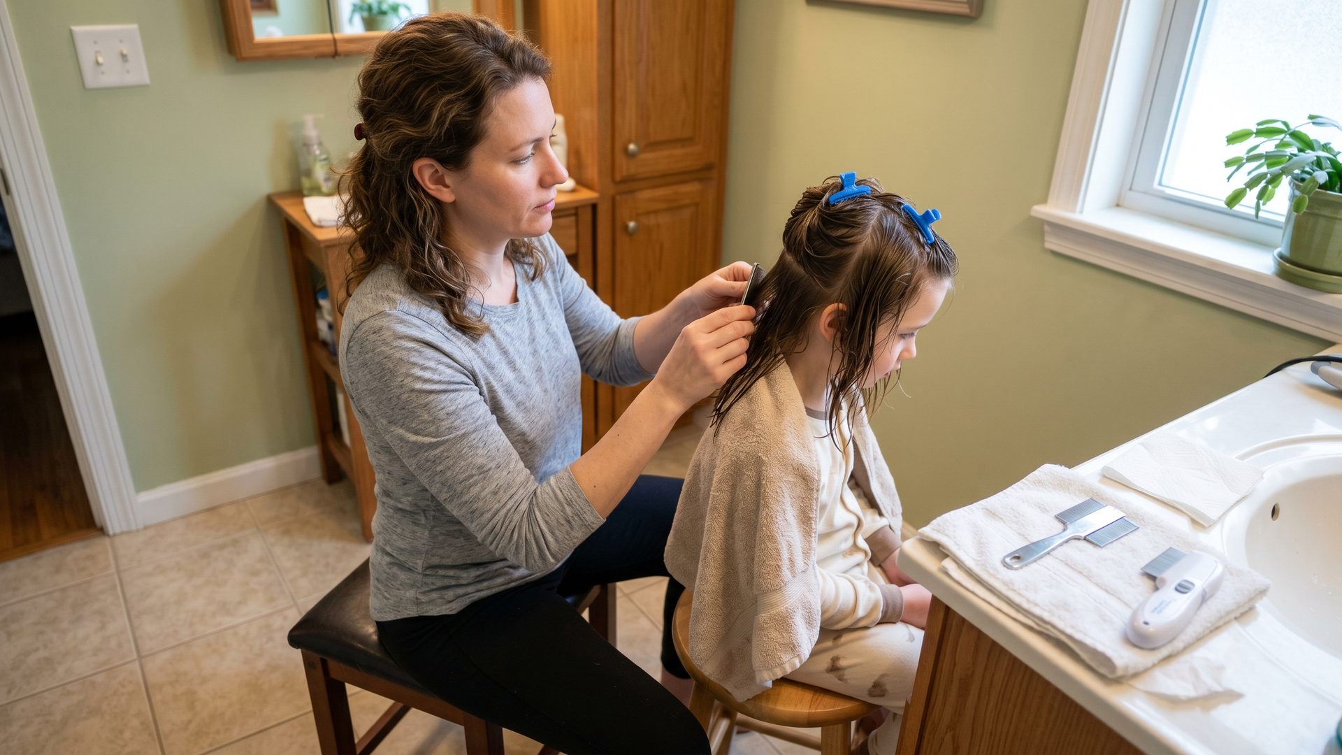 Parent and child at a calm family bathroom counter with a fine-tooth stainless-steel metal nit comb in the parent's hand on a sectioned strand of damp hair and a generic battery-powered electronic lice comb laid on the counter next to it for visual comparison, soft warm morning daylight