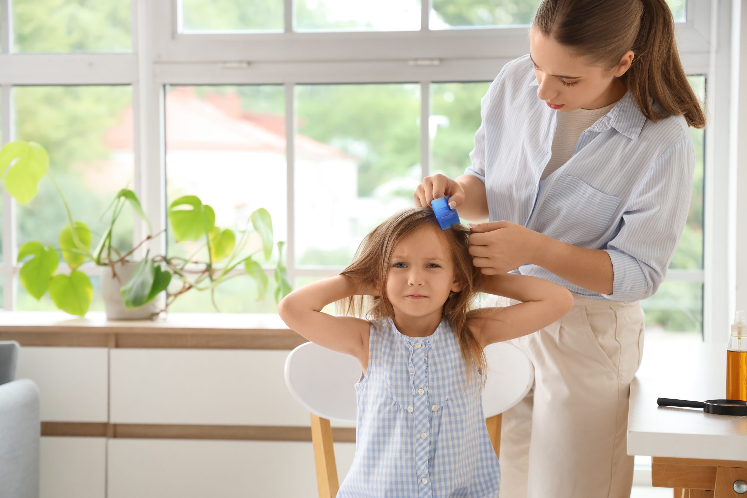 Mother combing her daughter's hair during a head lice check at home.
