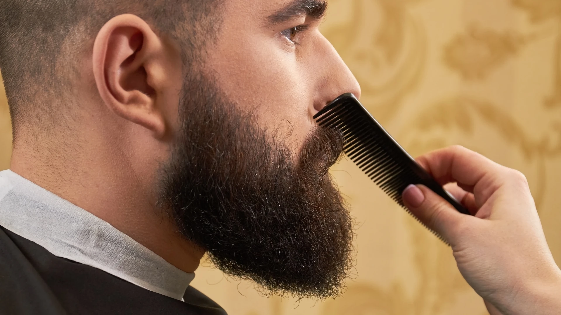 Barber combing a man's full dark beard with a fine black comb